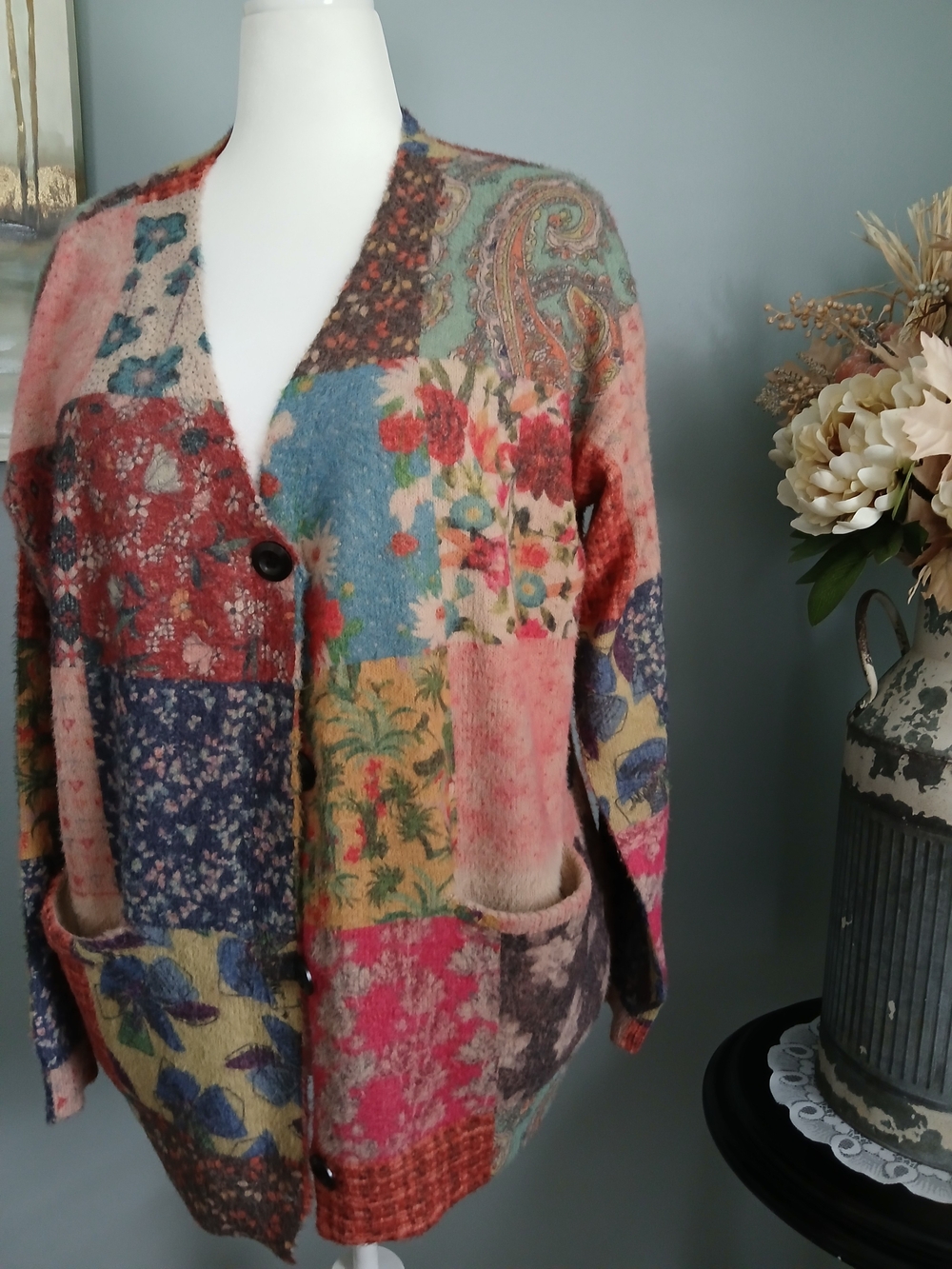 Multicolor Patchwork Floral Cardigan Sweater - Women's Button-Front